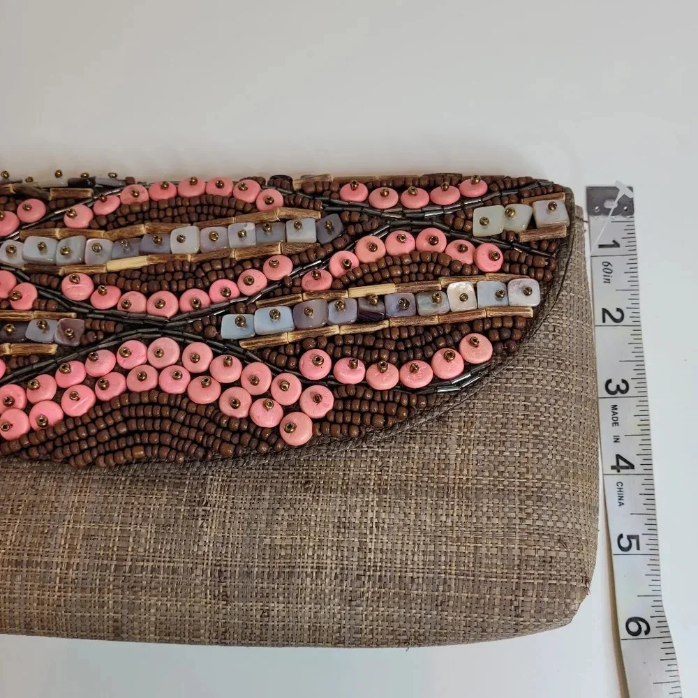 Misenka Raffia Hand-Woven Beaded Envelope Clutch Handbag NEW